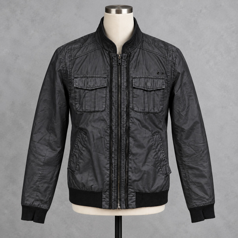 H&M Mens Black Coated Moto Biker Military Utility Zip Jacket US 38R